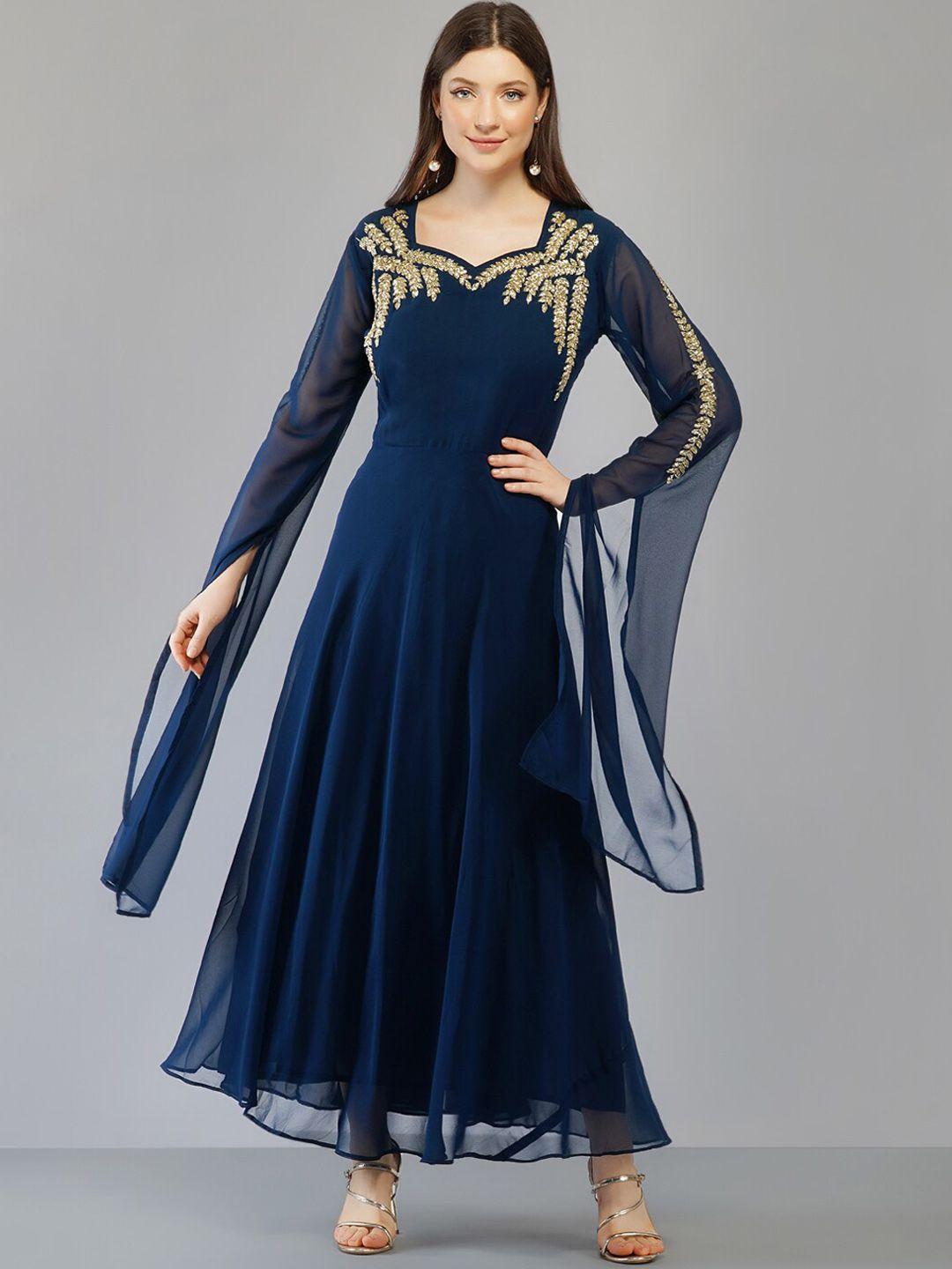 ziva fashion women blue embellished flared sleeves georgette maxi dress