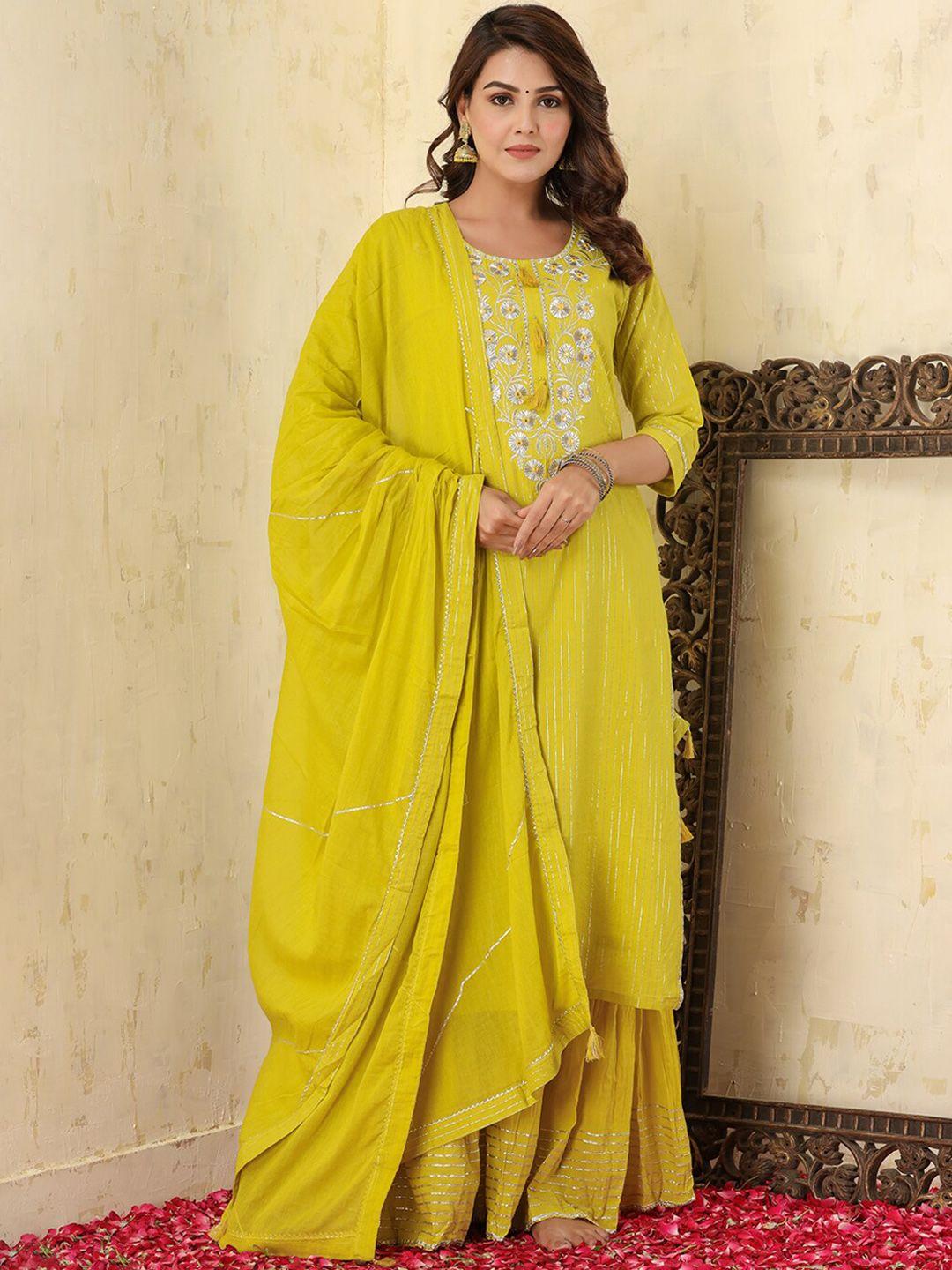 kaajh women yellow floral embroidered pure cotton kurta with sharara & with dupatta