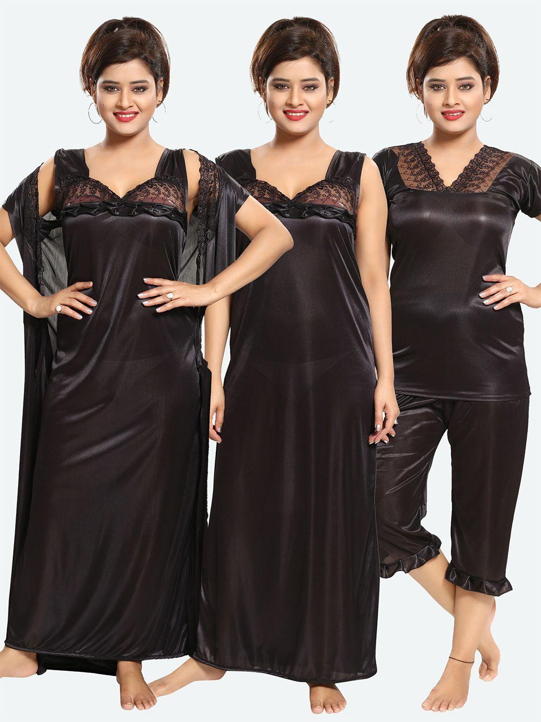 romaisa women black maxi nightdress set with robe top & capri