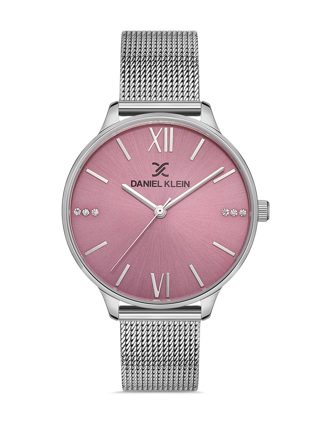 daniel klein unisex pink dial & silver toned bracelet style straps analogue watch dk 1 13246-6_or