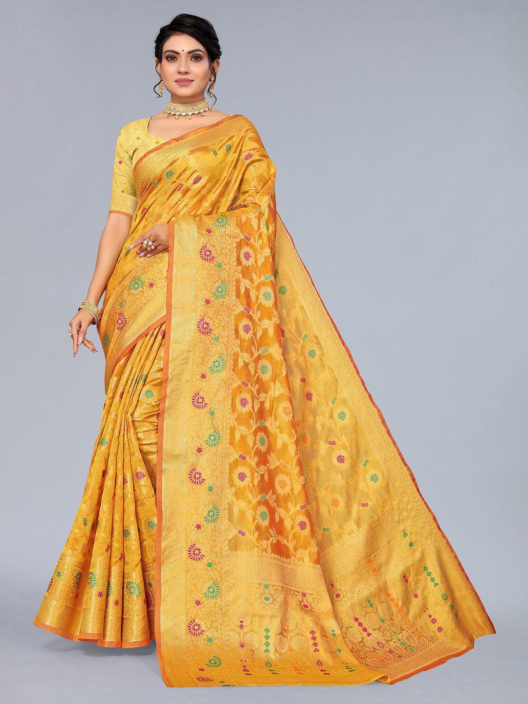 mitera yellow & green floral zari organza saree