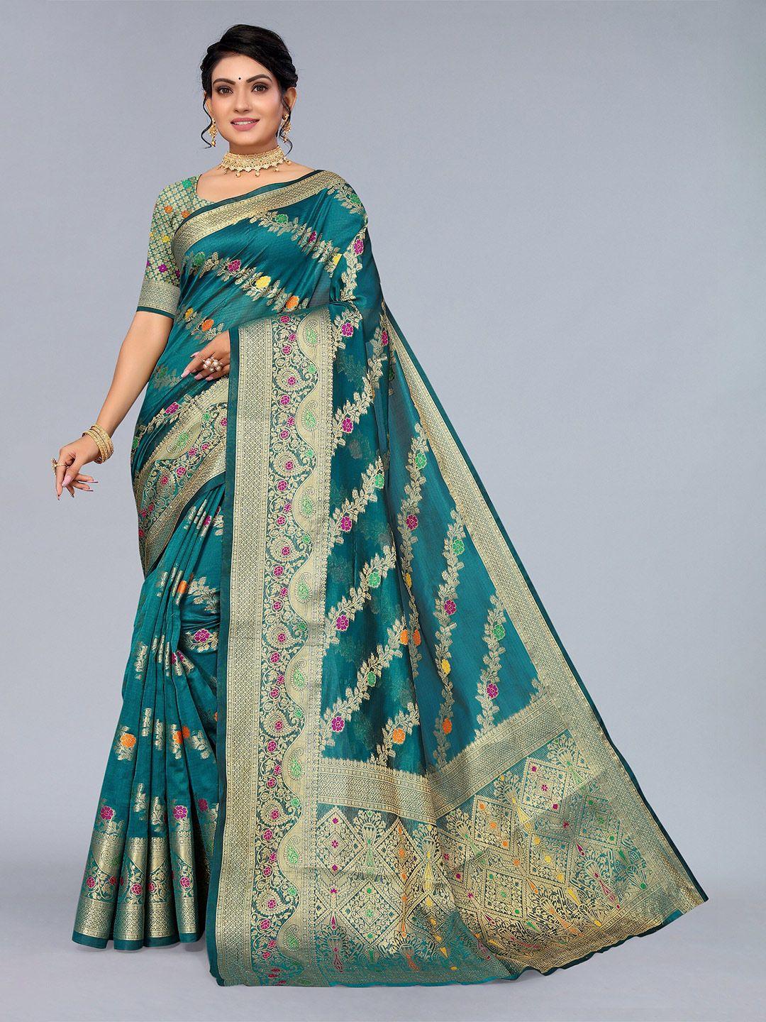 mitera teal & gold ethnic motifs zari organza saree