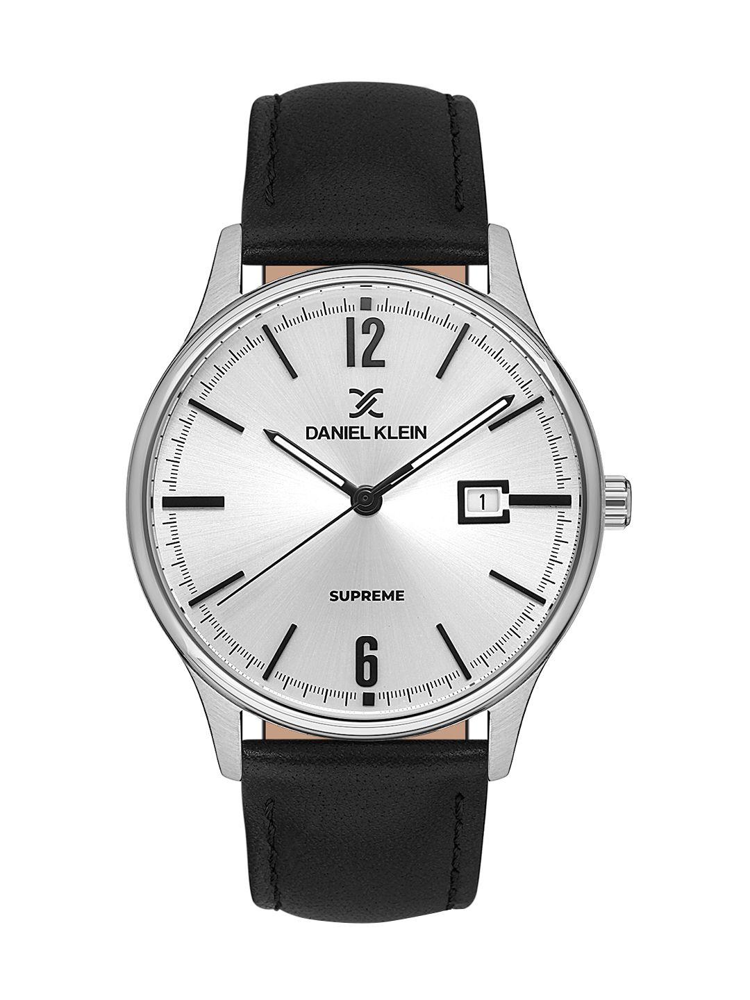 daniel klein men silver-toned dial & black leather straps analogue watch dk 1 13287-1_or