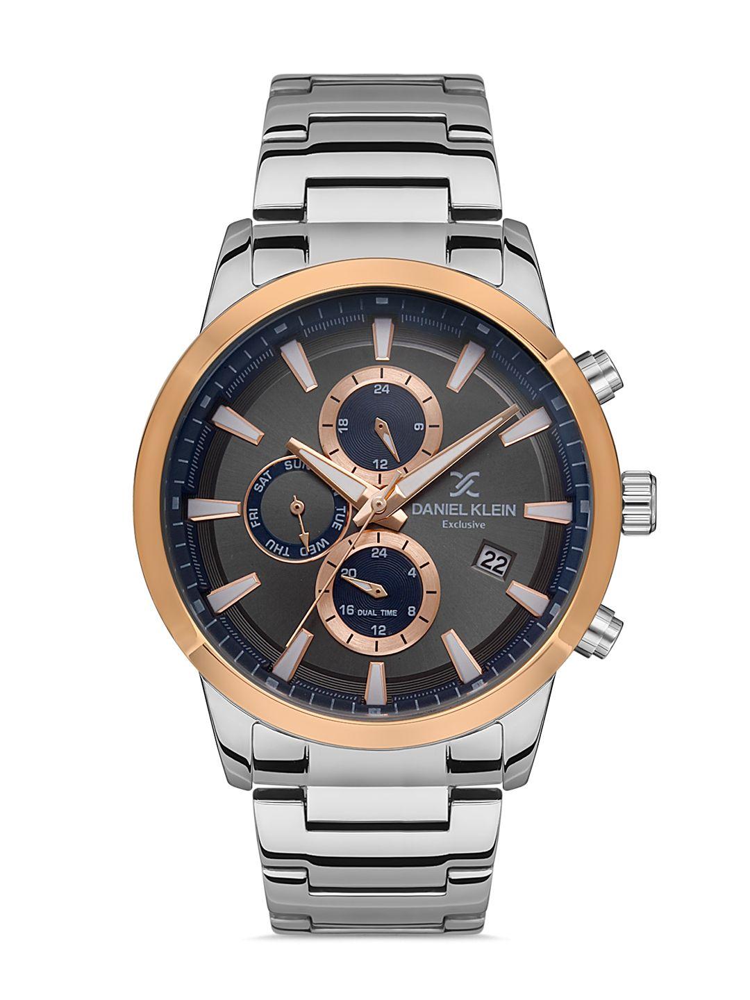 daniel klein exclusive men gunmetal dial & silver-toned strap analogue watch dk.1.13289-3