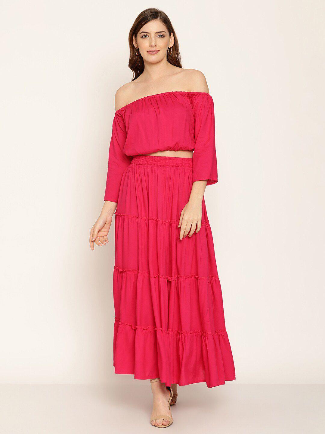 aawari women pink solid off-shoulder top with tiered skirt