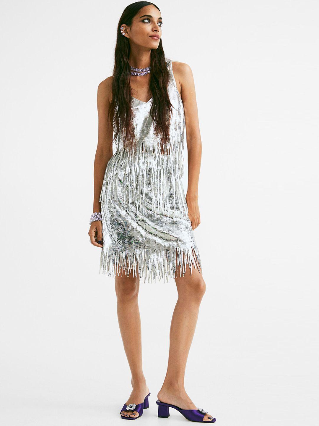 h&m women silver sequined skirt