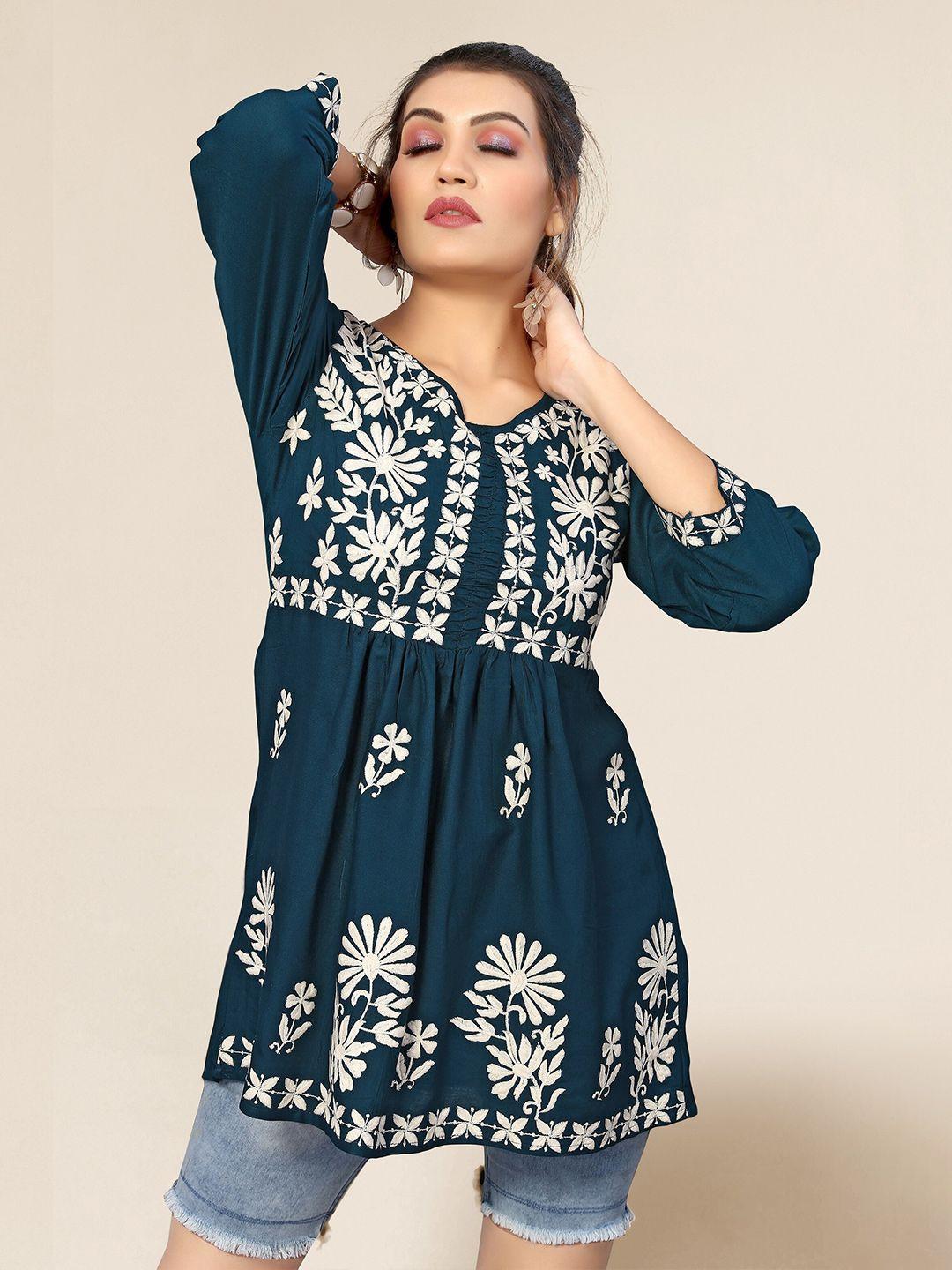 winza designer women blue floral embroidered top