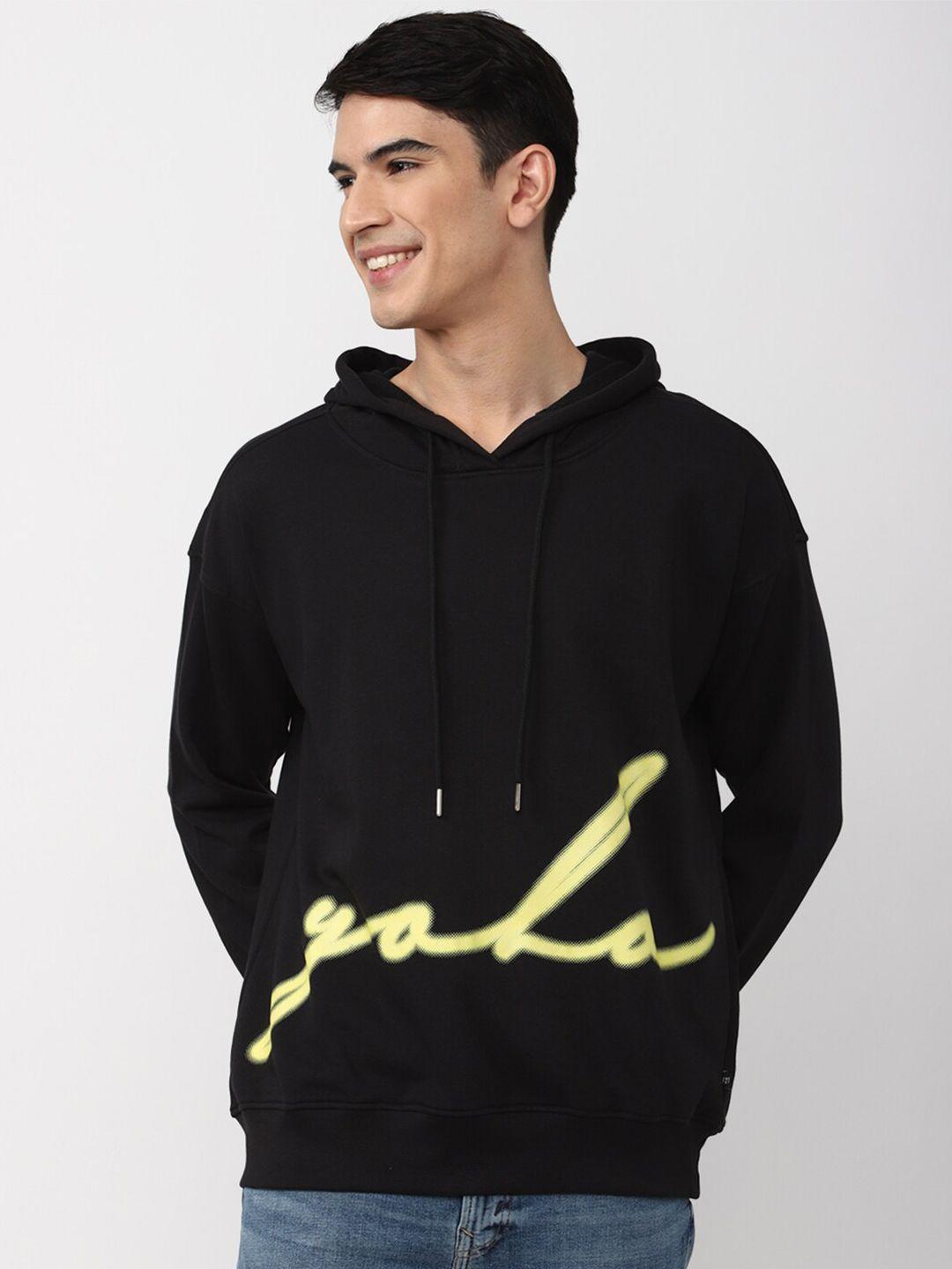 forever 21 men black printed hooded sweatshirt