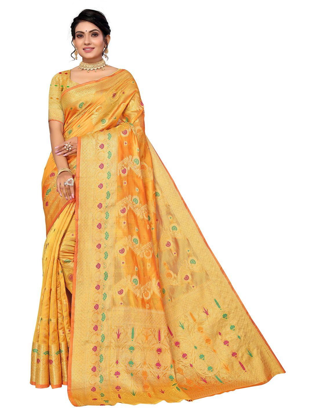 nimayaa women yellow & gold-toned floral zari organza saree