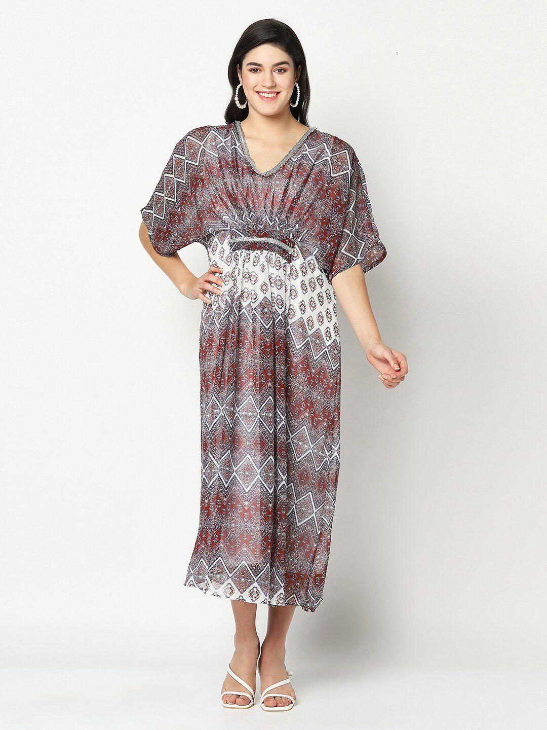 sqew women white & brown printed polyester kaftan dress