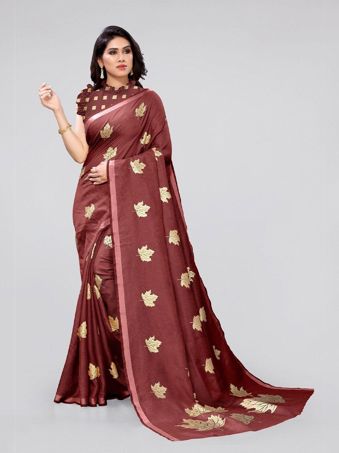 mirchi fashion maroon & gold-toned floral printed cotton blend saree