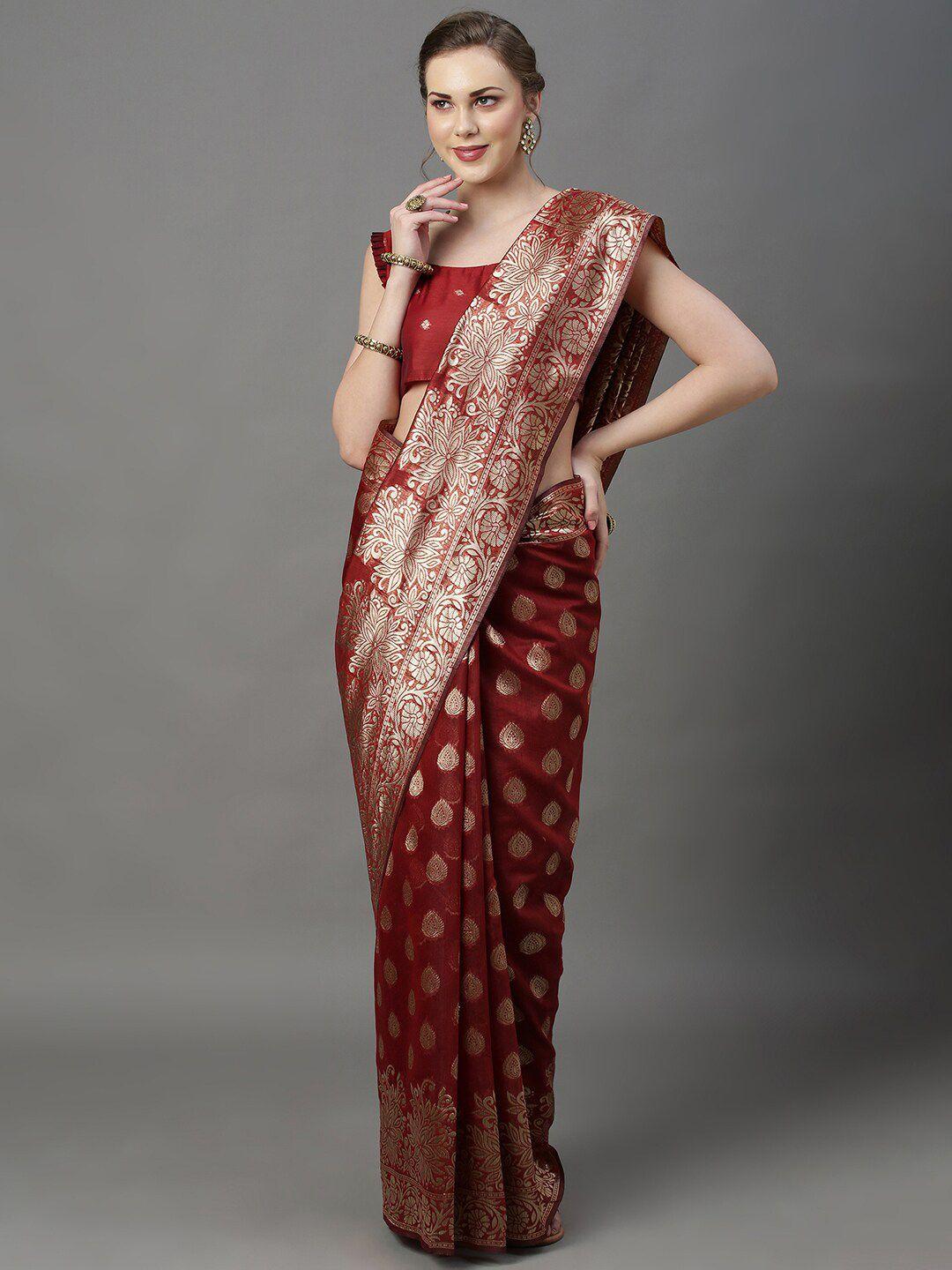 mitera maroon & gold-toned woven design zari silk cotton saree