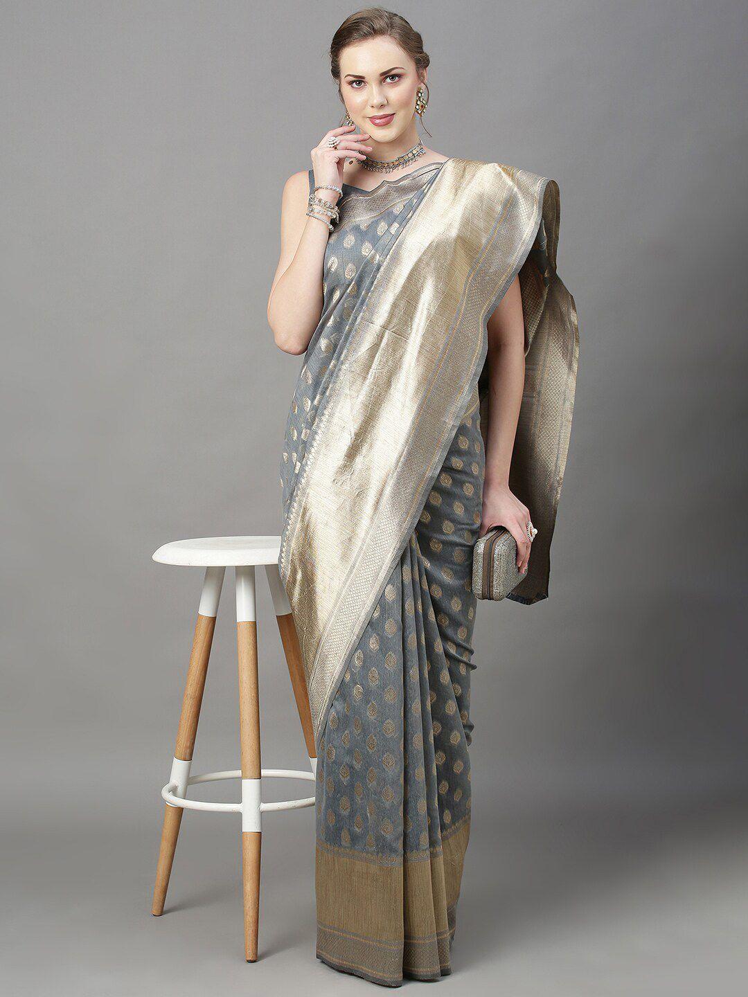 mitera women grey & gold floral zari silk cotton banarasi saree