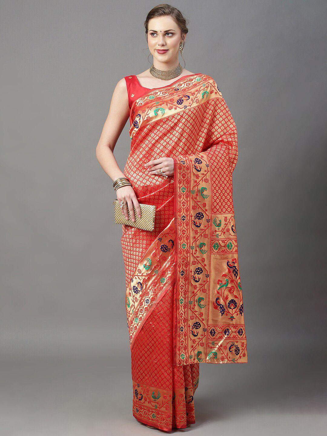 mitera red & gold-toned woven design zari silk blend saree