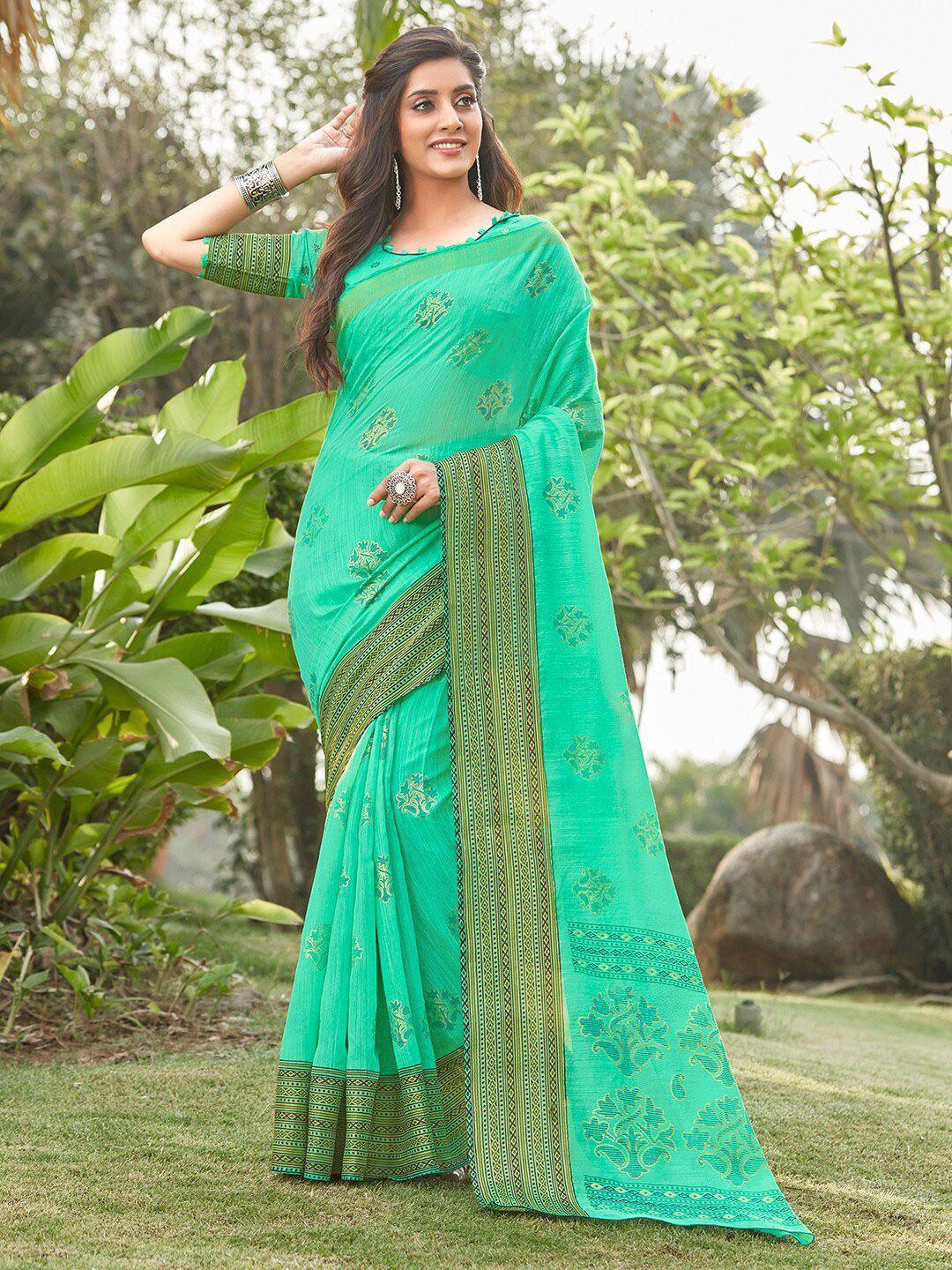 mitera women sea green ethnic motifs linen blend block print saree