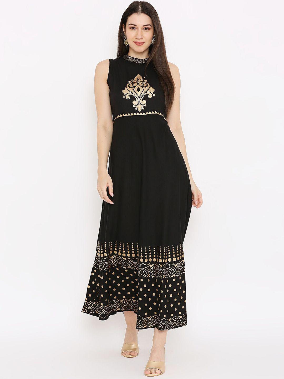 peppertree women black block printed a-line ethnic dresses