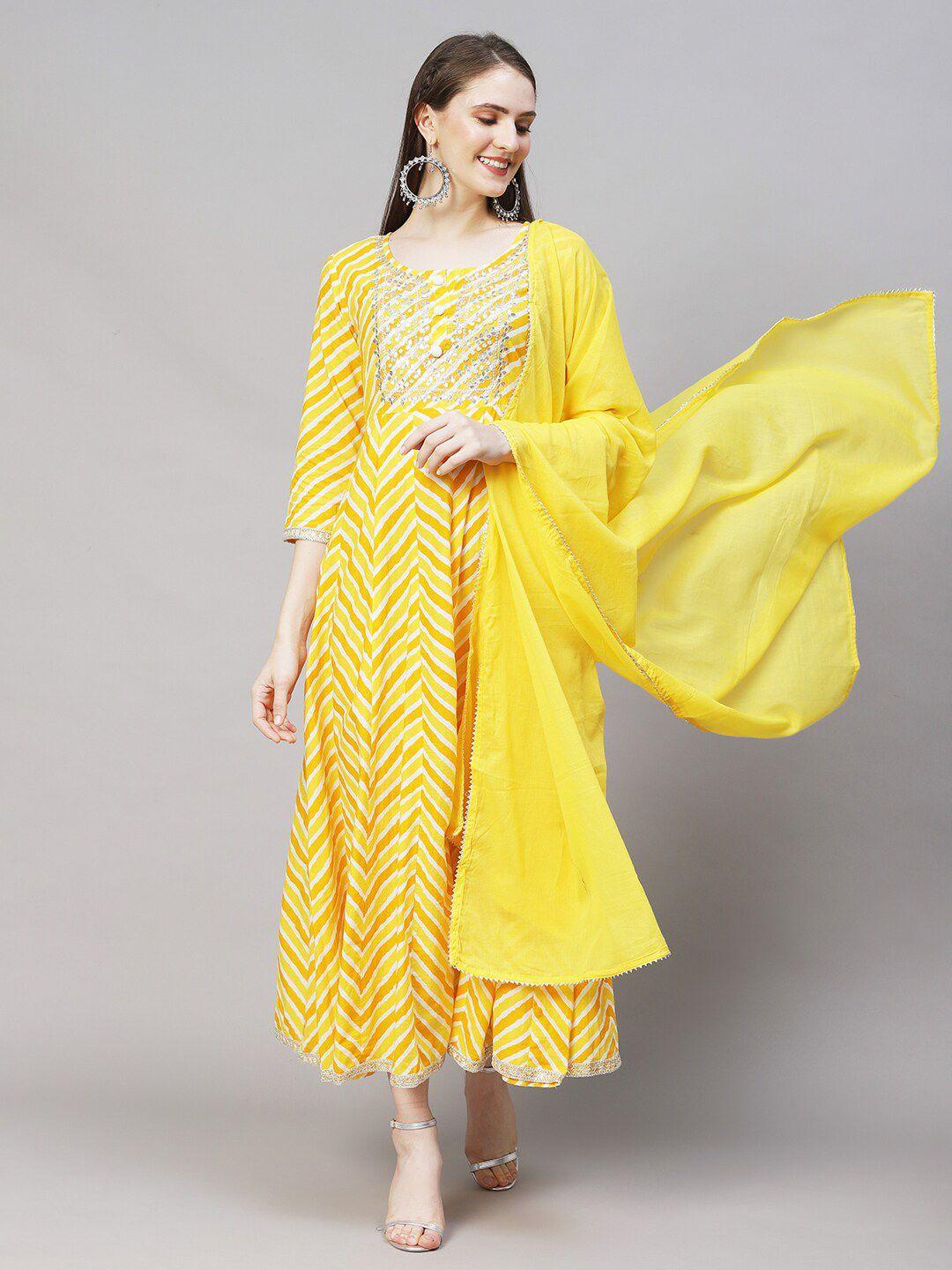 fashor women yellow ethnic printed cotton  a-line maxi dress with dupatta