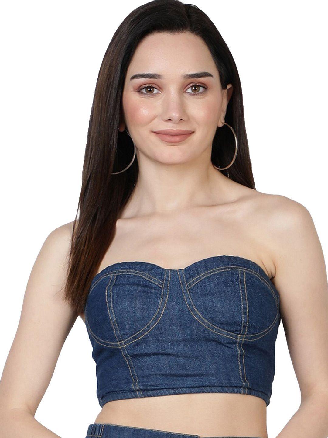 nuevosdamas women blue denim tube crop top