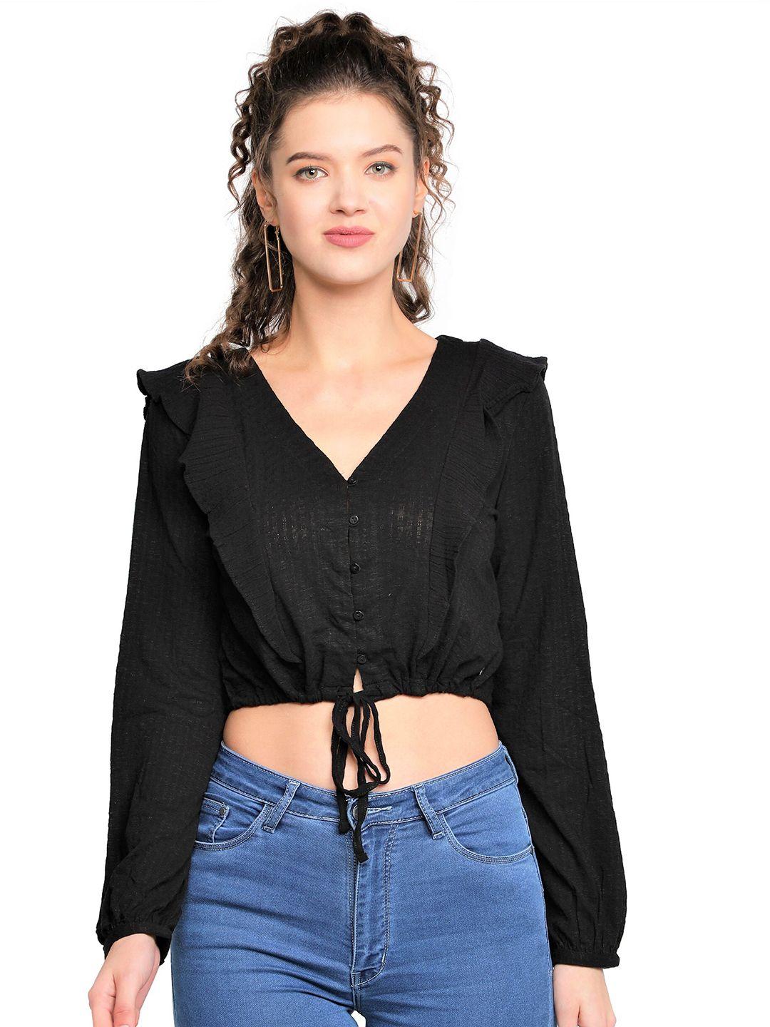 nuevosdamas women black solid ruffled blouson crop top