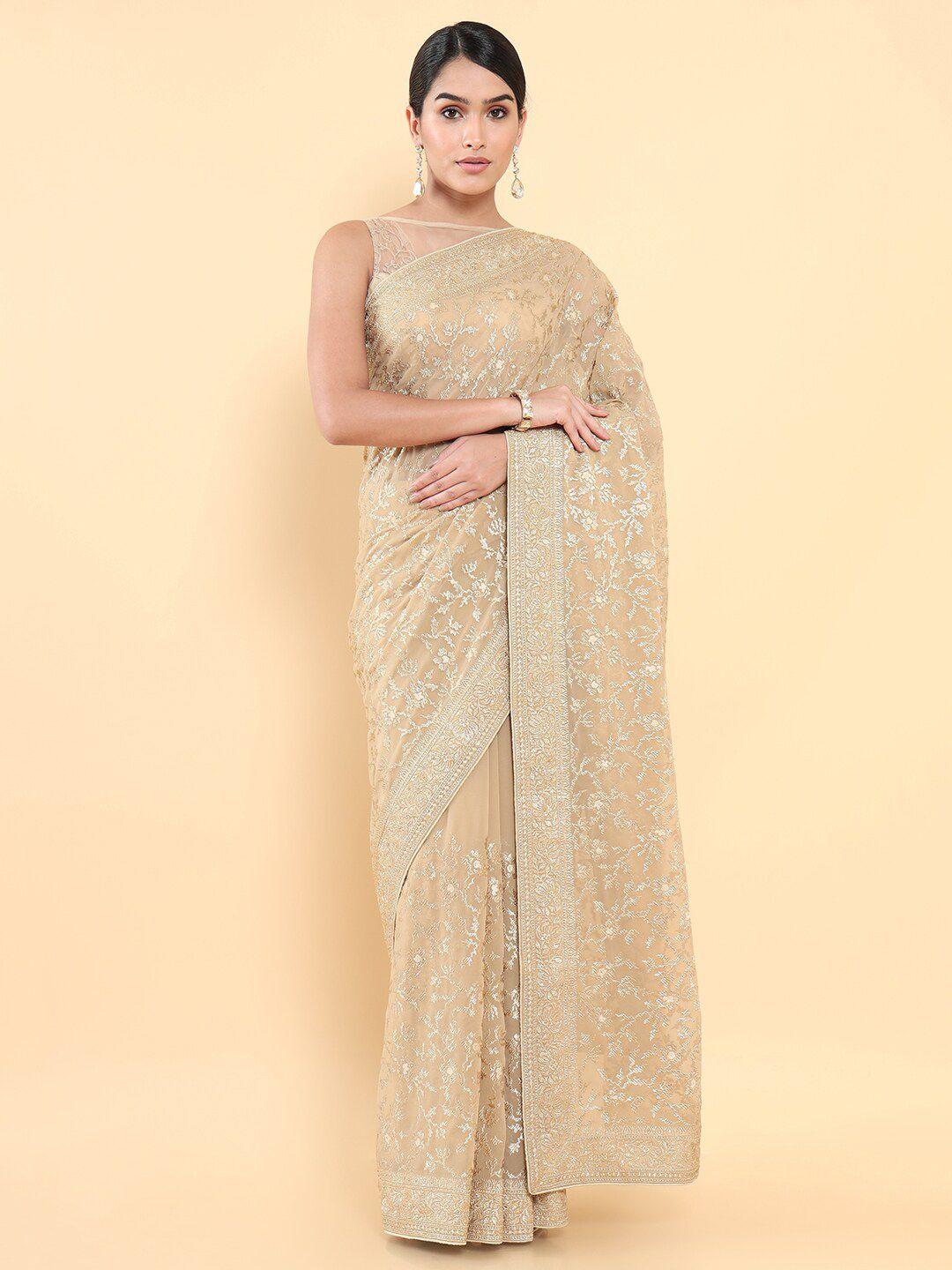 soch beige & gold-toned ethnic motifs embroidered saree