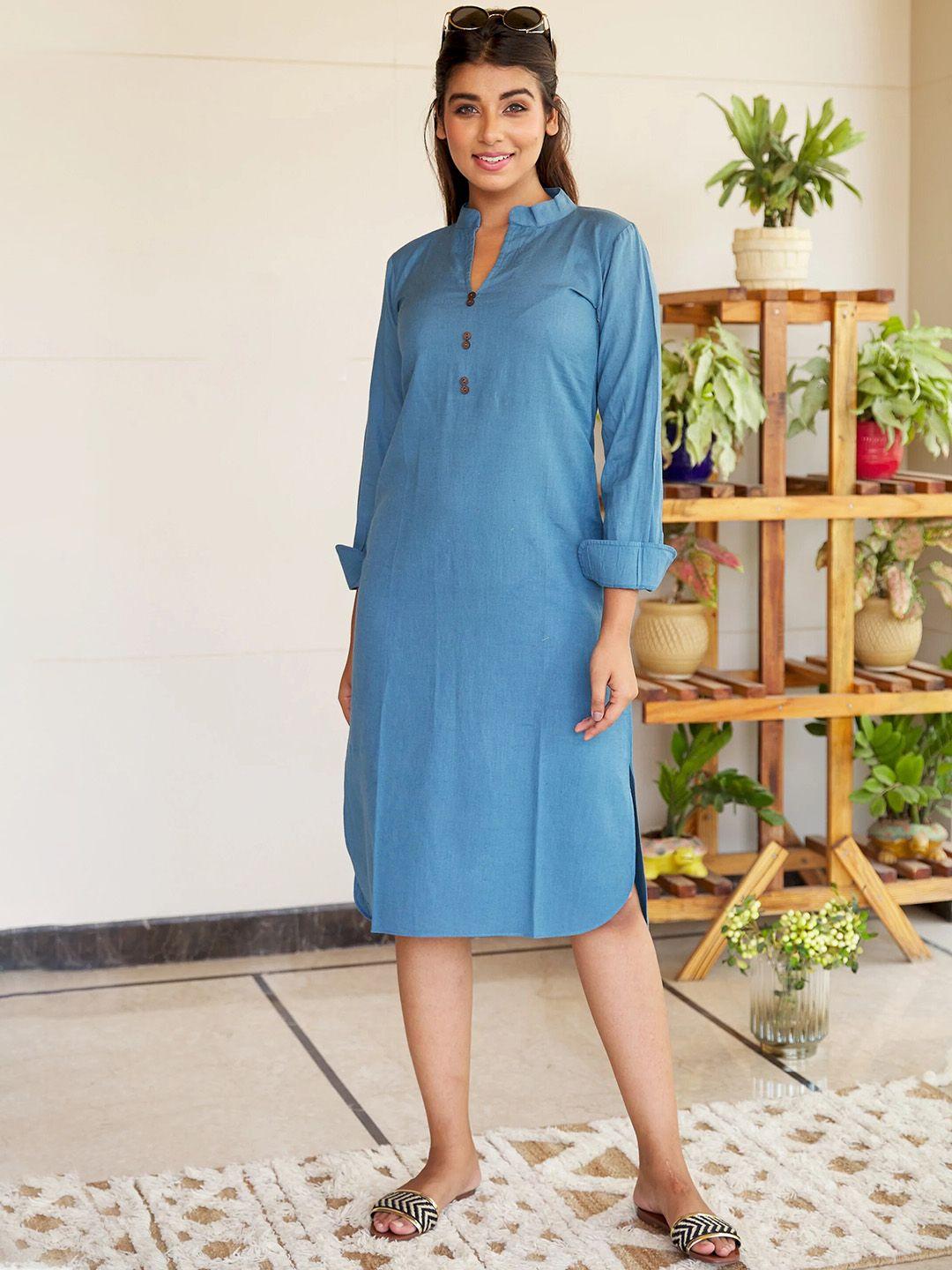 nangalia ruchira women blue cotton shirt dress