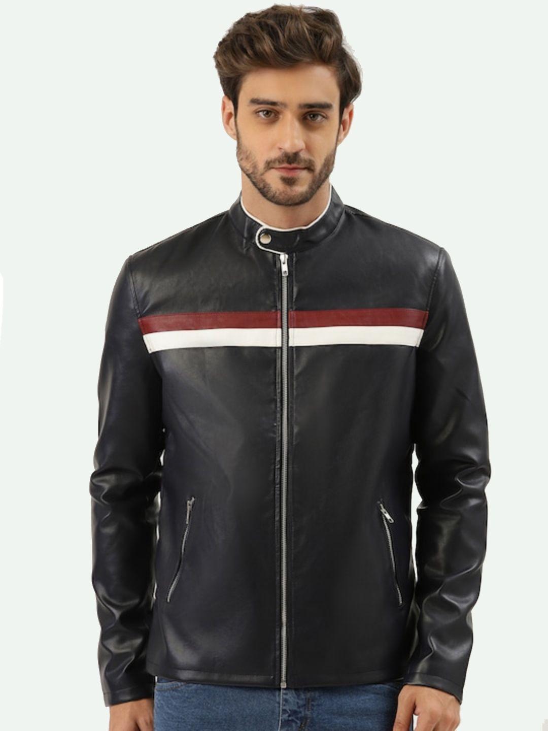 leather retail men striped biker jacket