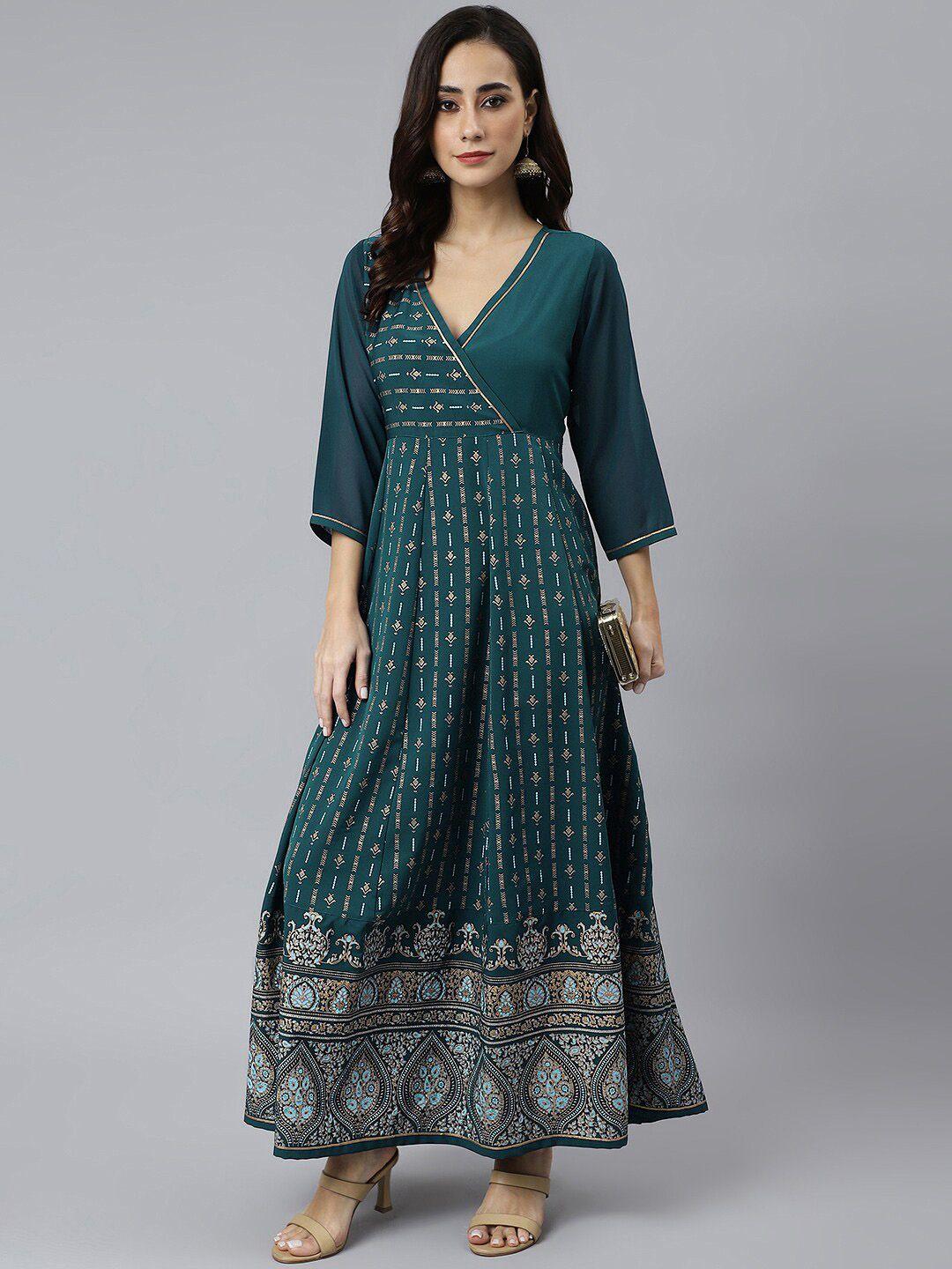 janasya women teal geometric printed crepe anarkali kurta