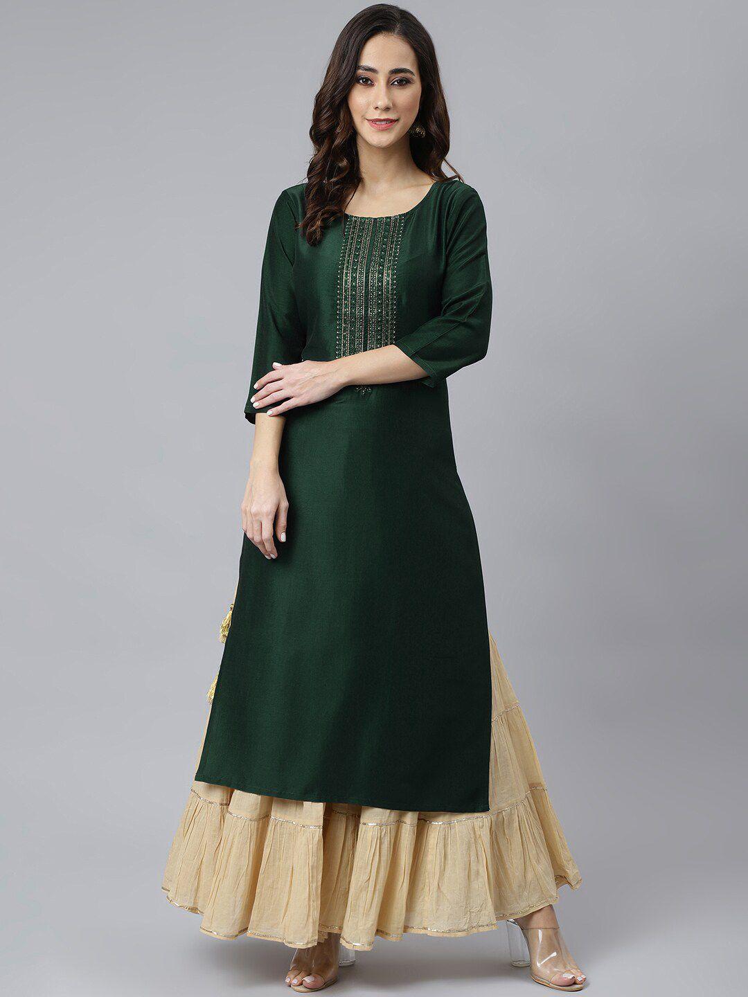 janasya women green thread work kurta