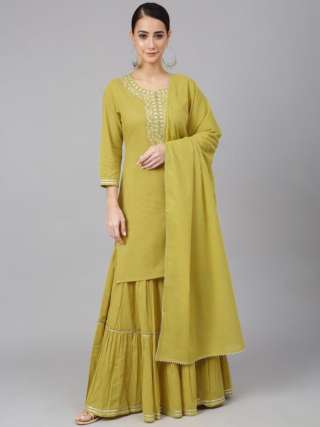 janasya women pure cotton kurta with sharara & with dupatta