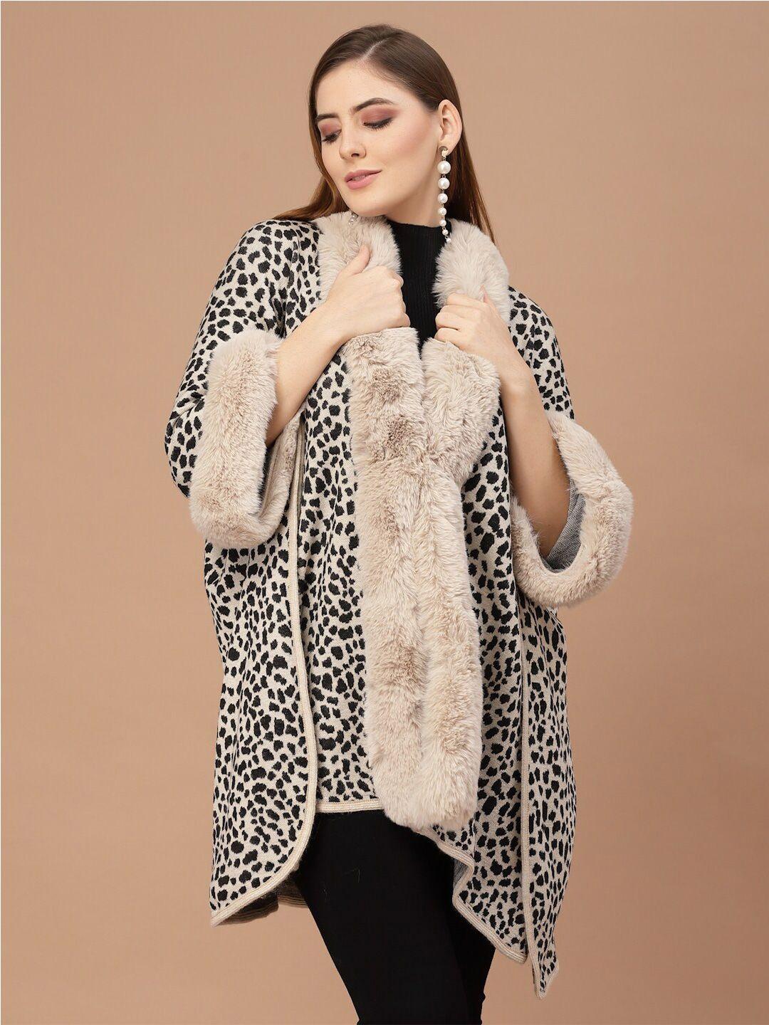 mafadeny women beige & black animal printed poncho