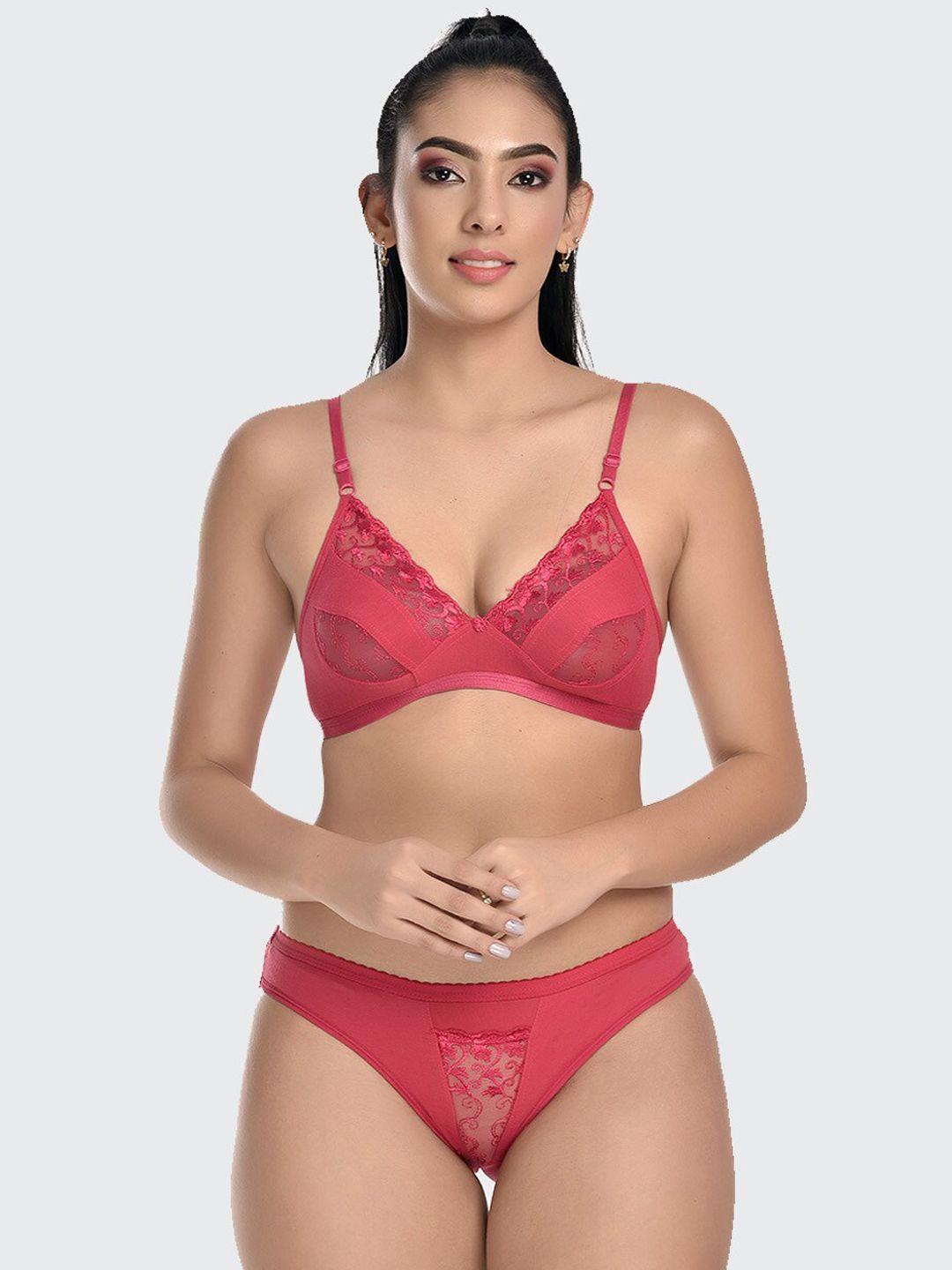 fleurt women self-design lace lingerie set hobfleurt-drop set-rpk-28-red