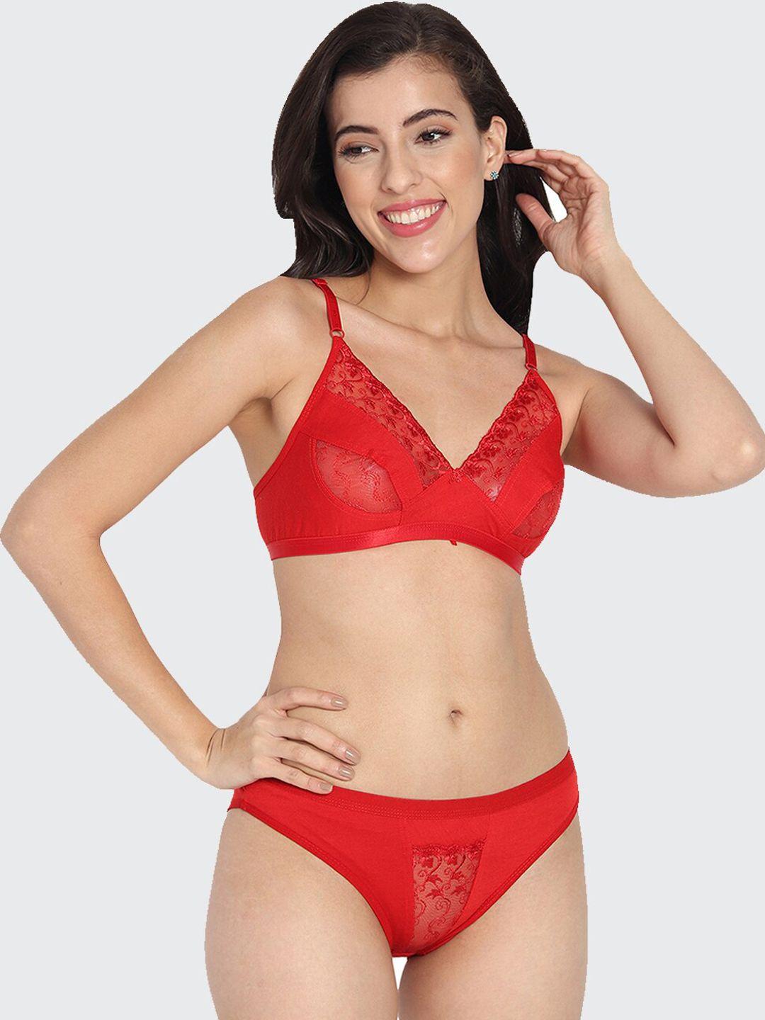 fleurt women self design pure cotton lingerie set hobfleurt-drop set-rd-28-red