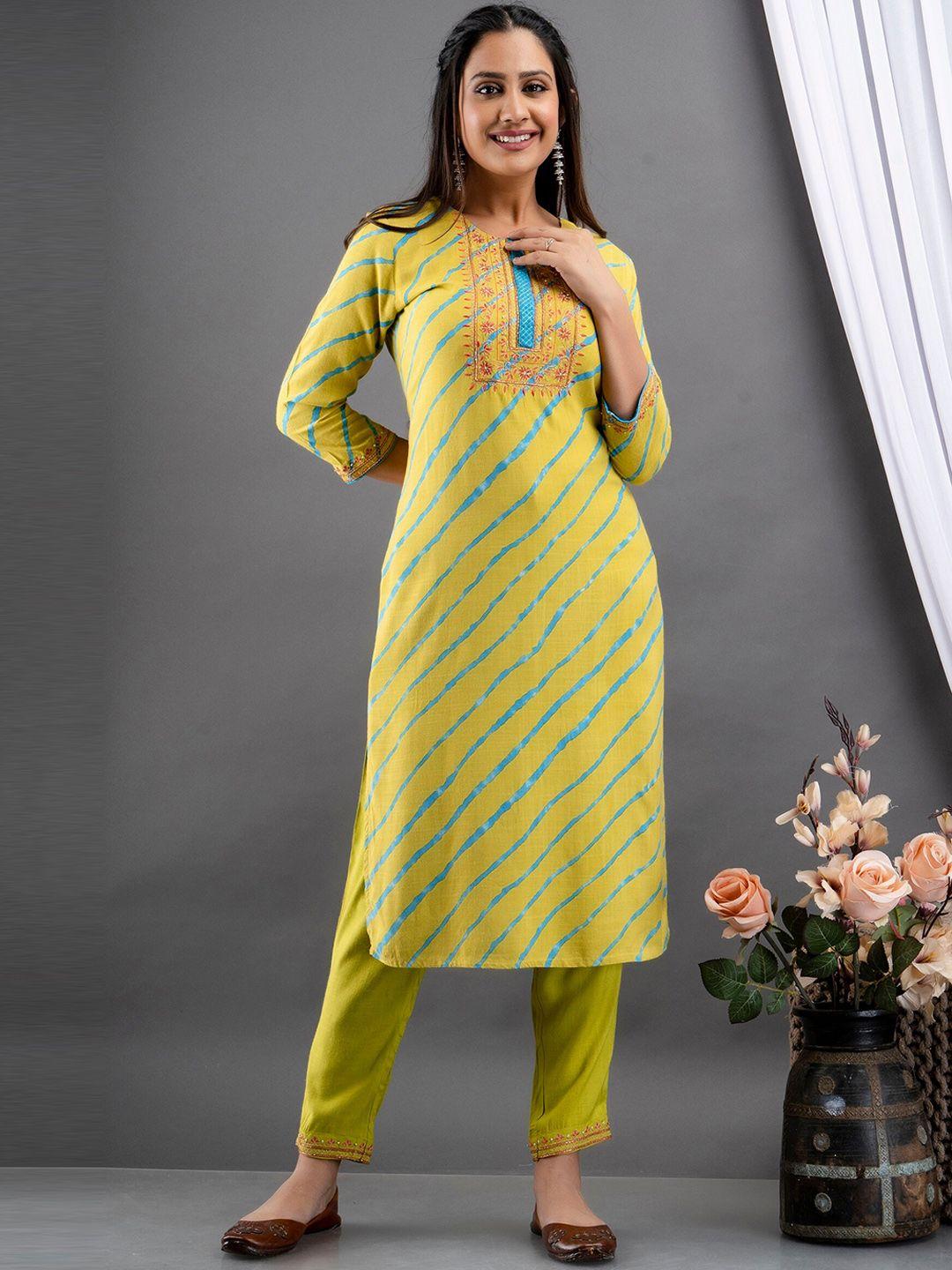 suti women green leheriya embroidered kurta with trousers