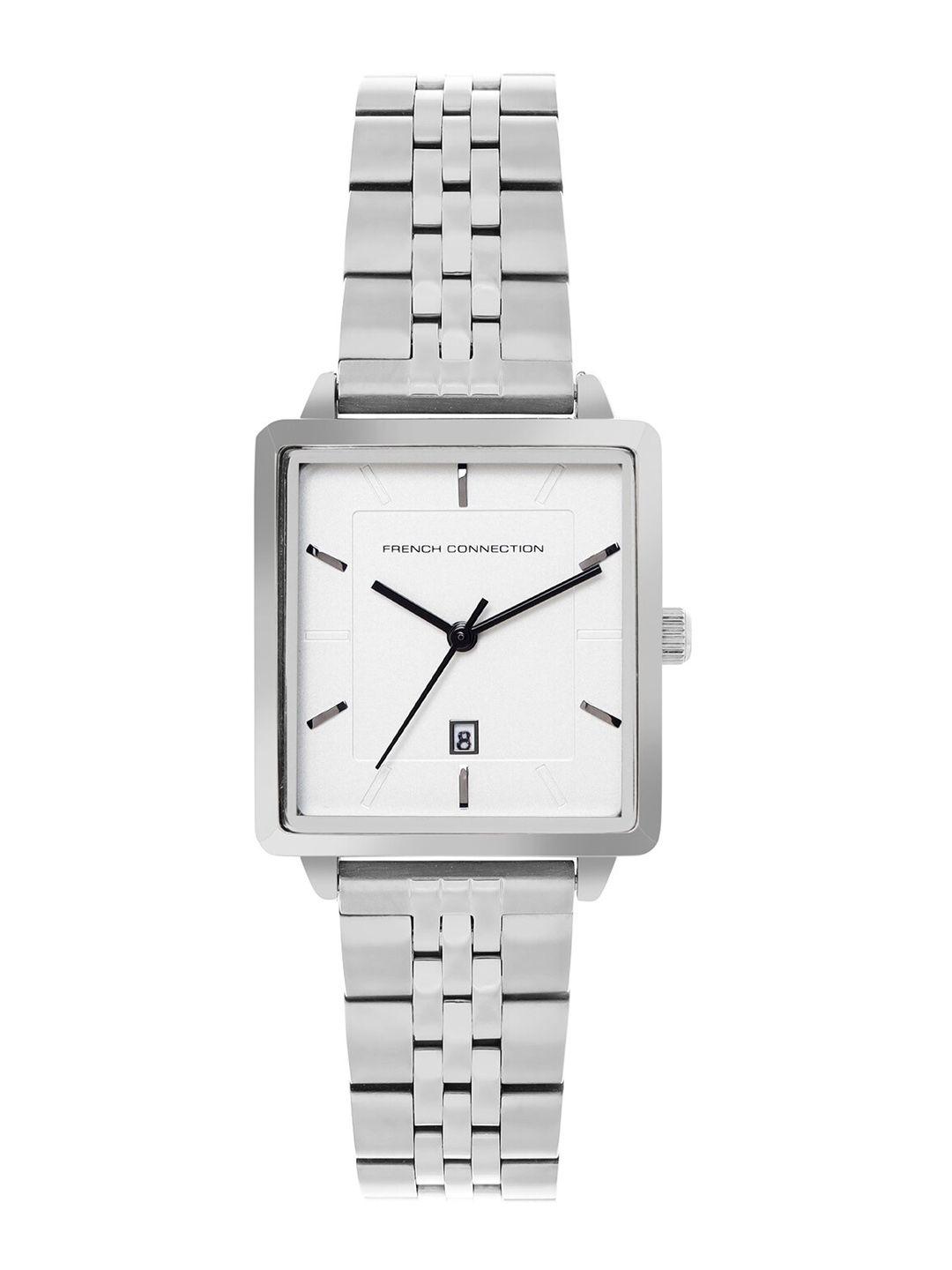 french connection women white dial & steel toned stainless steel bracelet style straps analogue watch- fcp35sm