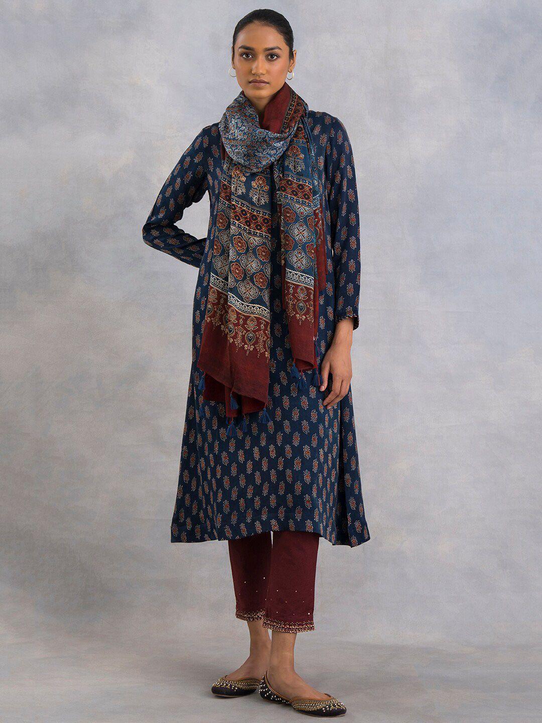 w the folksong collection women red & blue ajrakh printed drape dupatta