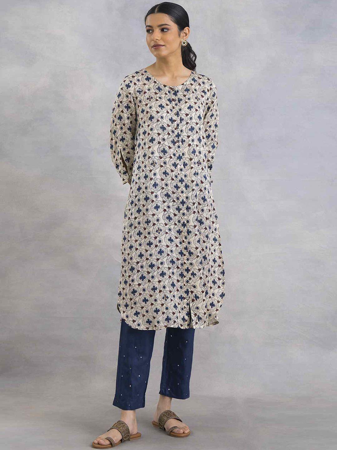 w the folksong collection women beige & blue geometric printed kurta