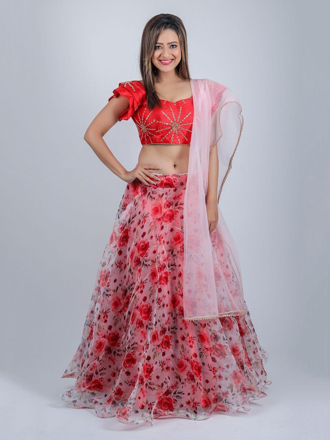 fashion basket red & pink printed semi-stitched lehenga & unstitched blouse with dupatta