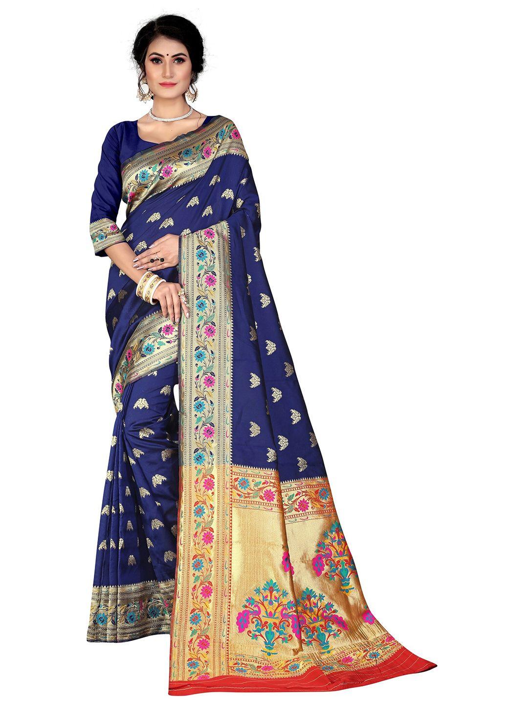 rivana navy blue & gold-toned woven design zari paithani saree