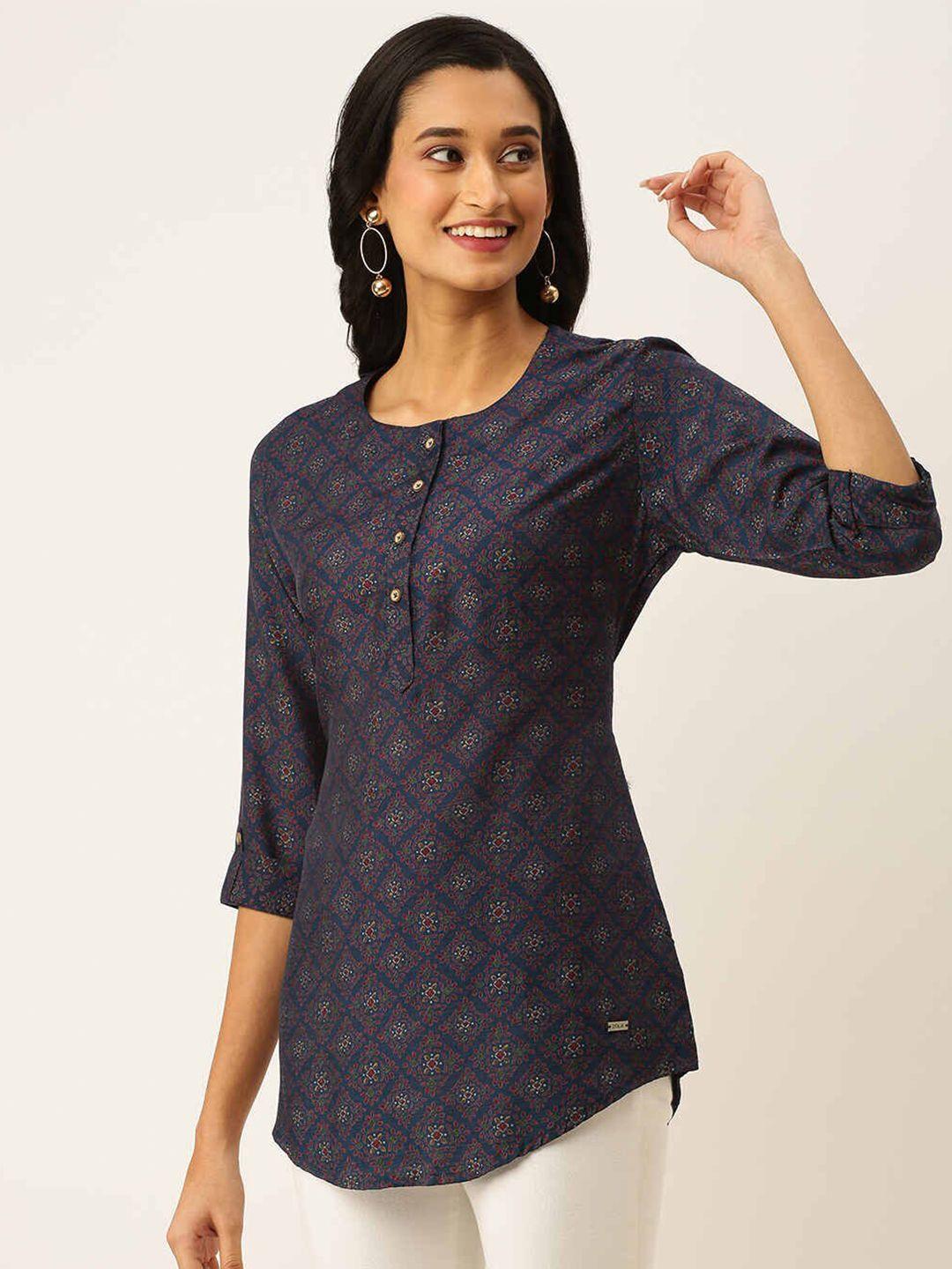 zola women navy blue & maroon viscose rayon printed tunic