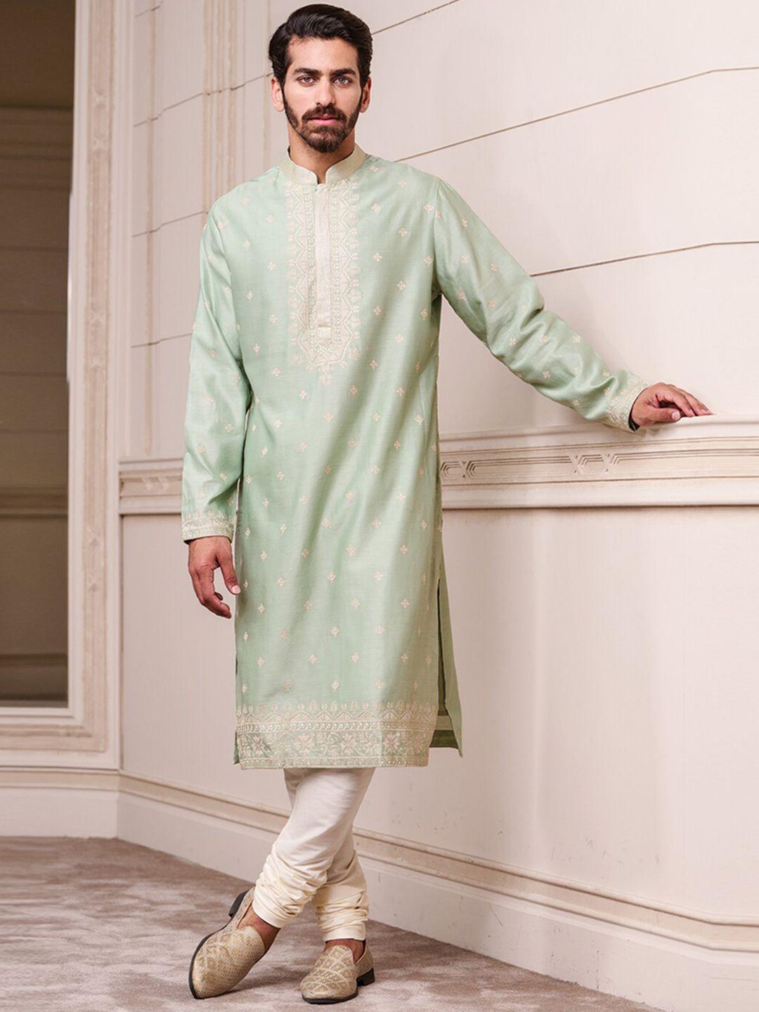 tasva men green ethnic motifs embroidered kurta with churidar