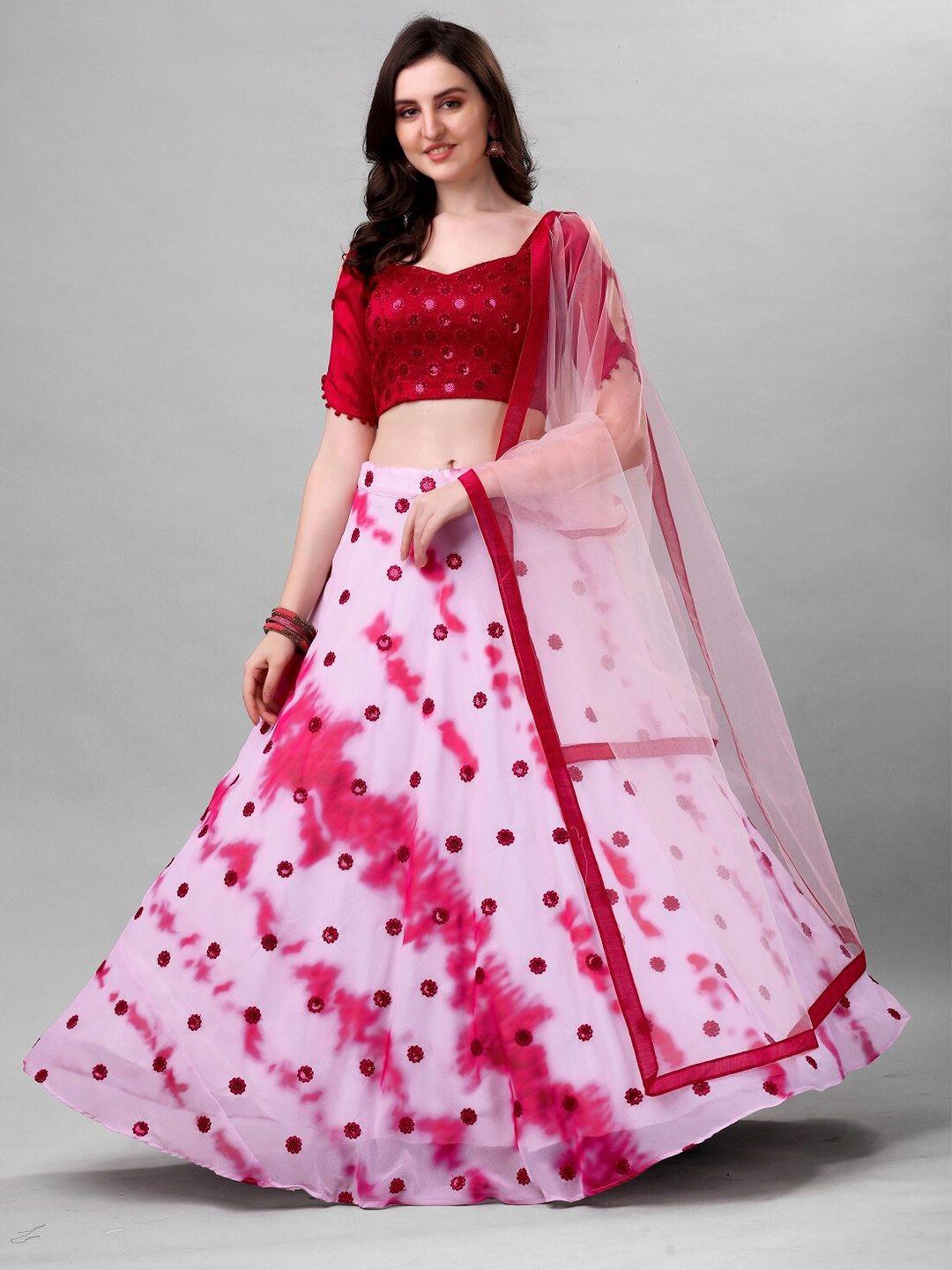 fashion basket white & pink embroidered semi-stitched lehenga & unstitched blouse with dupatta