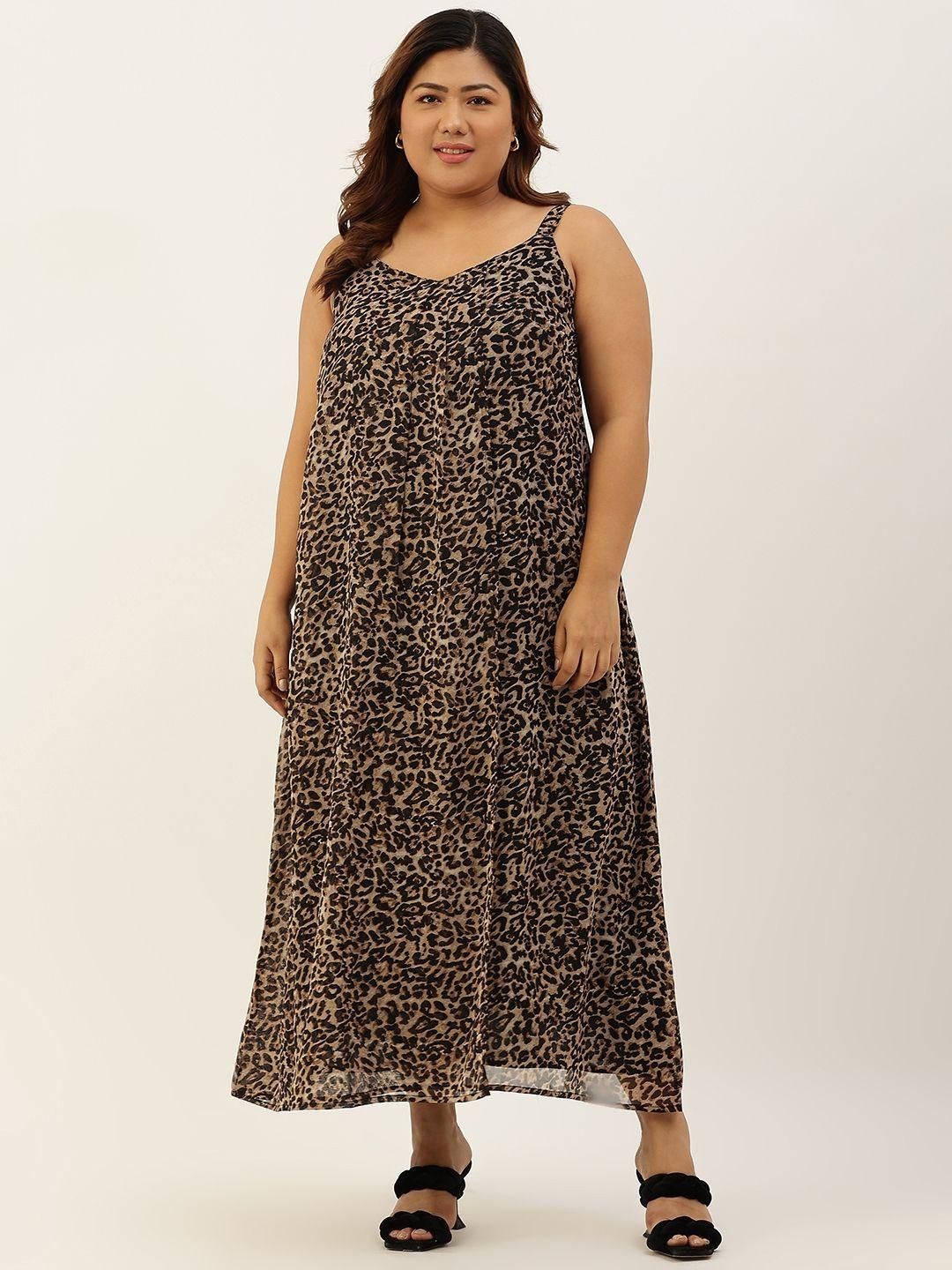 therebelinme beige & black animal georgette a-line plus size midi dress