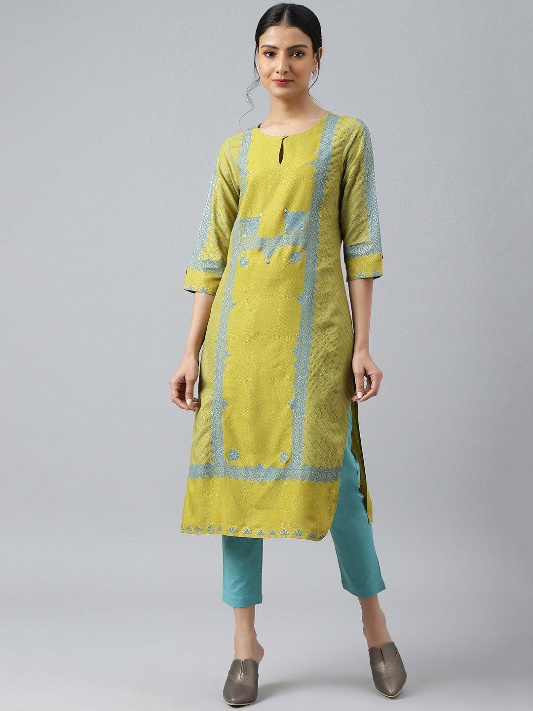 w women green printed sequinned kurta with trousers