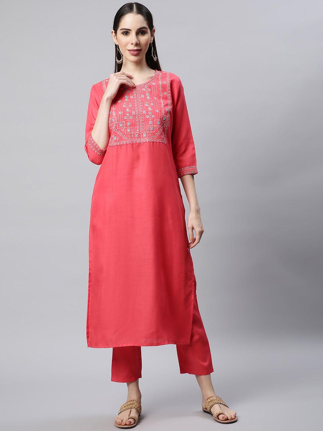 sringam women pink embroidered thread work kurta with trouser