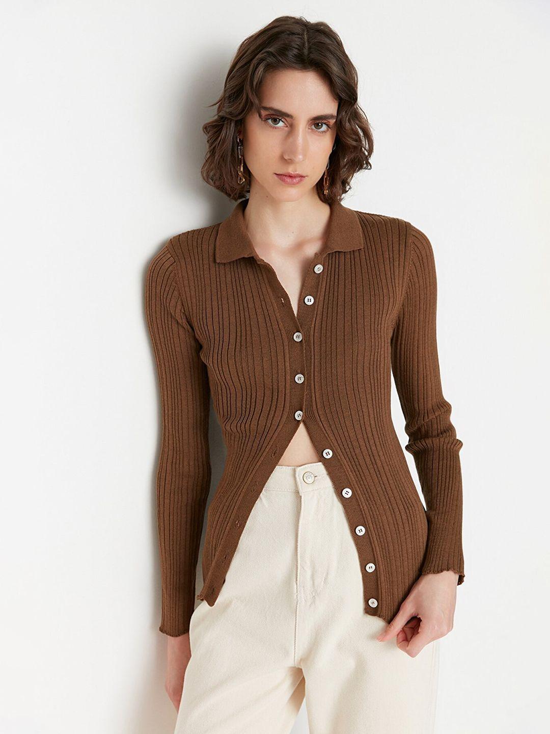 trendyol brown striped shirt style top