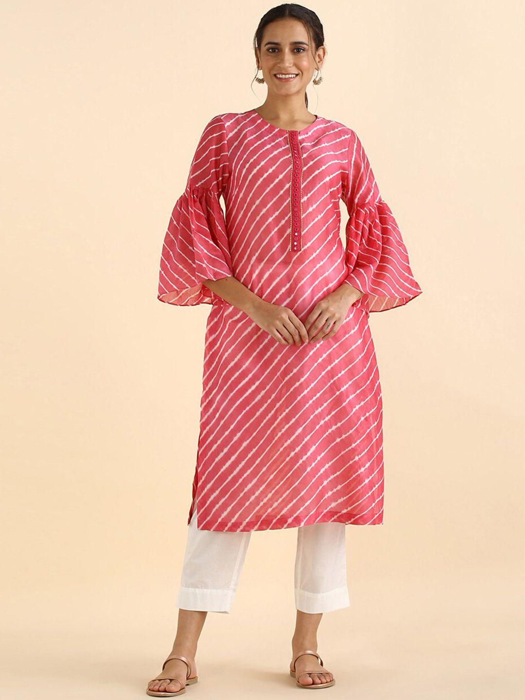 taneira women silk cotton leheriya printed bell sleeves mirror work kurta