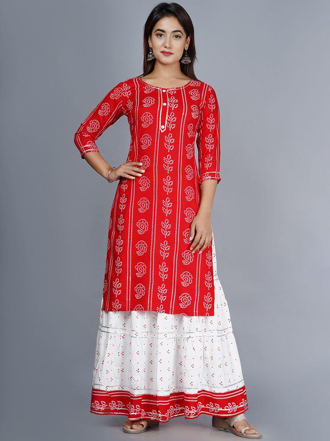 lovista women red bandhani kurta with skirt