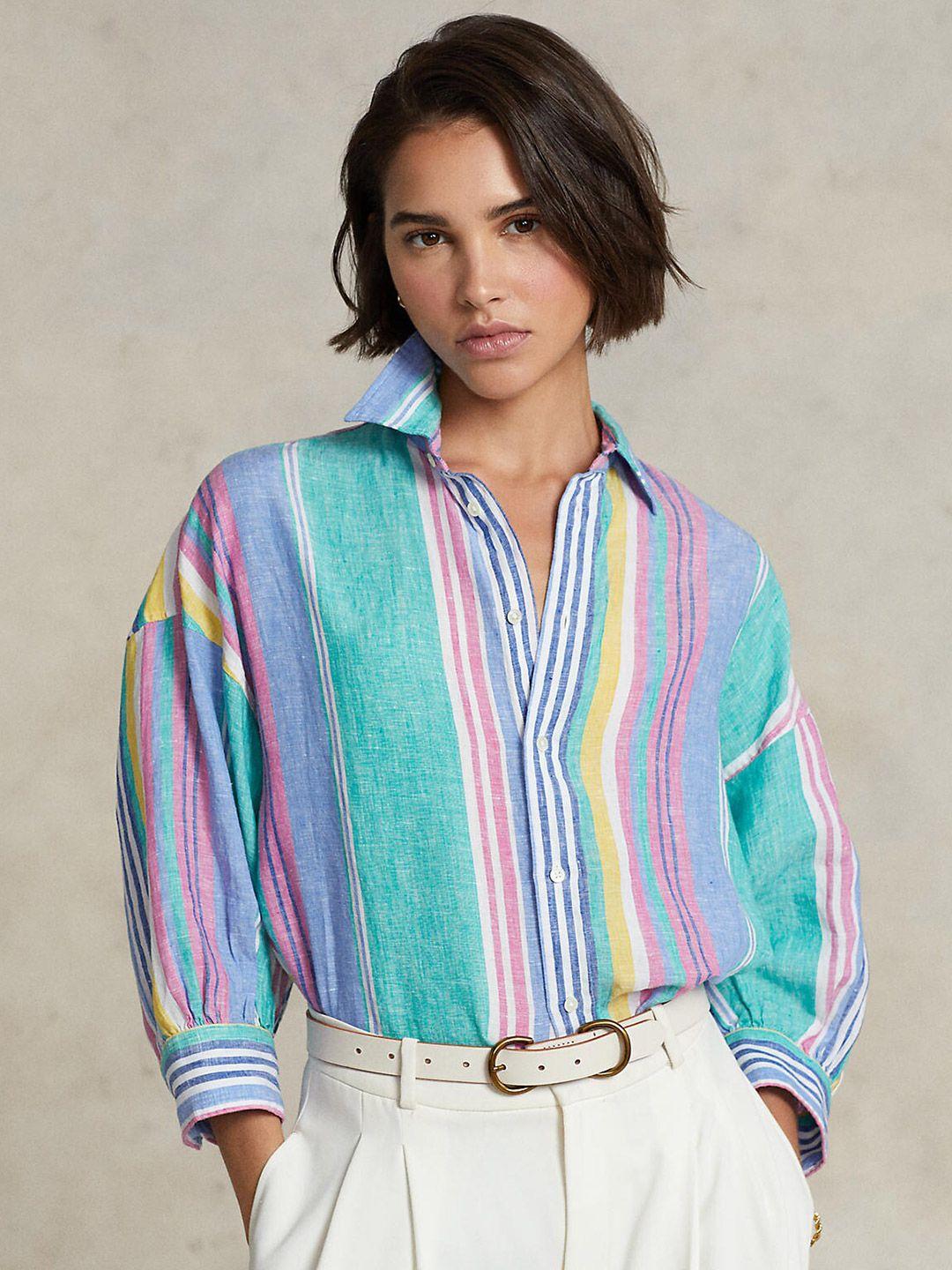 polo ralph lauren women sea green & blue multi striped pure linen oversize casual shirt