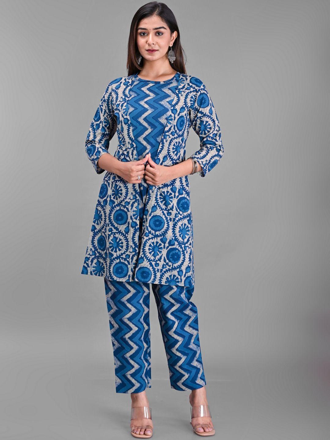 etnicawear women blue printed pure cotton top with trousers & jacket