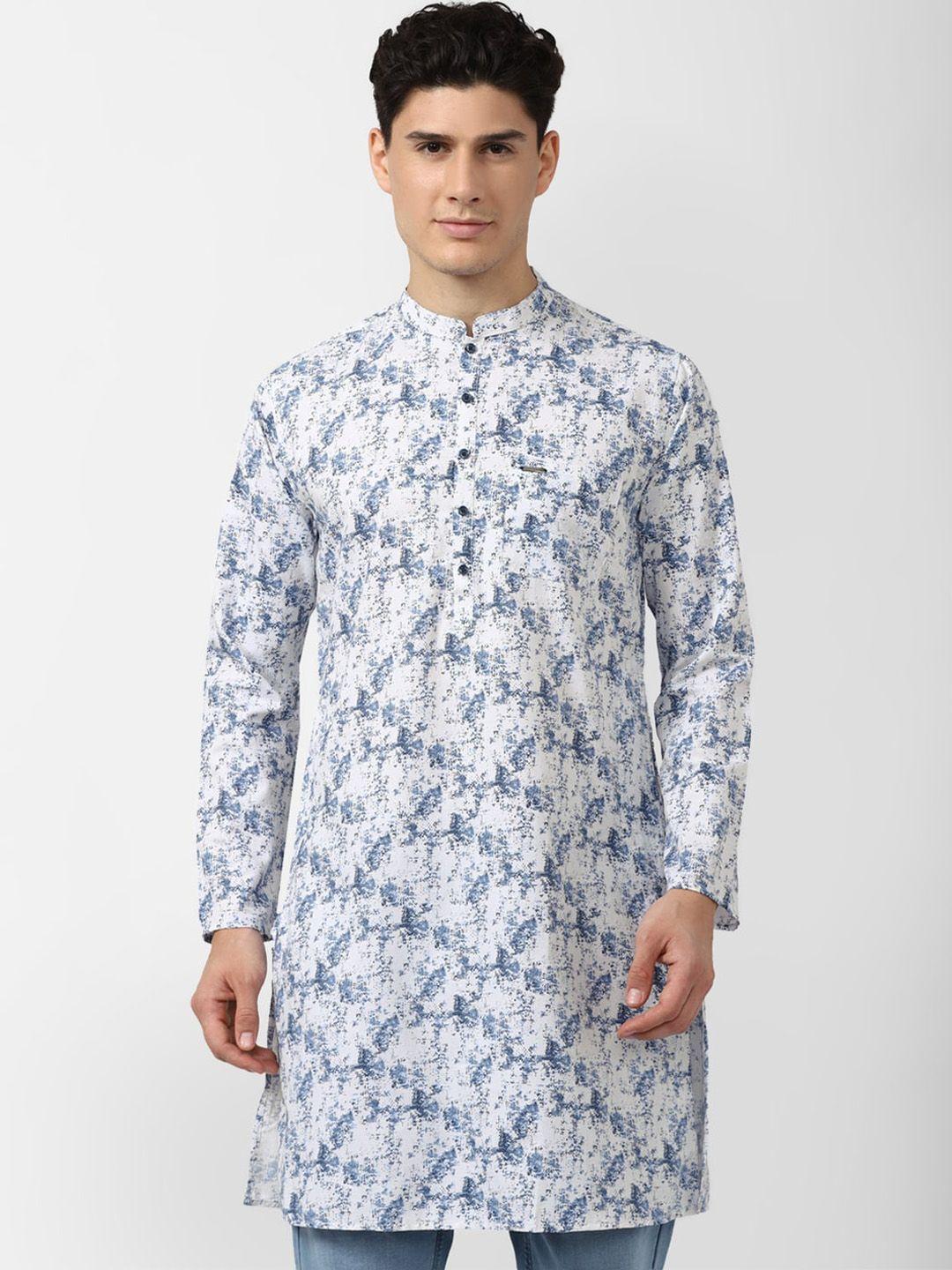 peter england men white & blue floral printed floral kurta